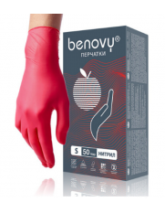 Перчатки нитриловые Benovy с текстурой на пальцах, красные, сиреневые, размер S